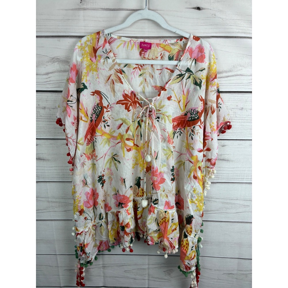 Ranee's Tropical‎ Bird Floral Pom Pom Kaftan Top Cover Up White Multicolor S/M